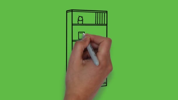 Rysunek Almirah Kolorze Czarno Niebieskim Kombinacji Abstrakcyjnym Zielonym Tle Ekranu — Wideo stockowe