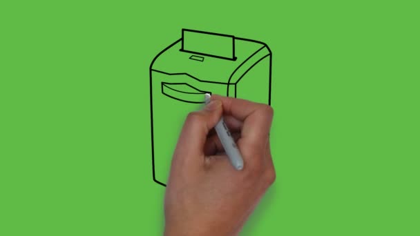 Zeichenpapier Zerkleinerungsmaschine Schwarzer Und Hellblauer Farbkombination Auf Abstrakt Grünem Hintergrund — Stockvideo