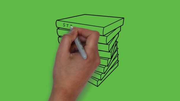 Kreslení Skupiny Knih Černé Modré Barvě Kombinace Abstraktním Zeleném Pozadí — Stock video