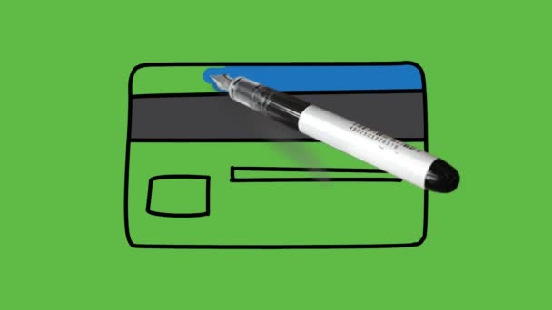 Tekening Chipkaart Blauw Grijs Wit Met Zwarte Omtrek Abstracte Groene — Stockvideo