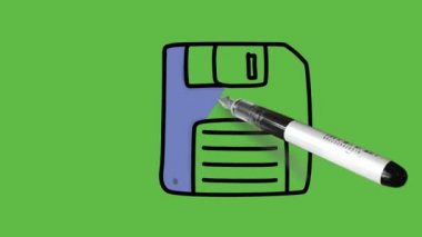 Soyut yeşil arkaplanda siyah çizgili mavi ve gri renkli disket çizimi