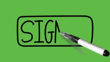 Soyut yeşil arkaplan üzerinde mavi renkli siyah ve siyah çizgili işaret etiketi çiziliyor