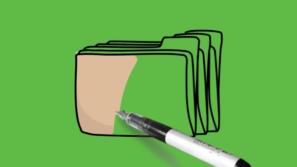 在抽象绿色背景上绘制许多棕色文件夹和灰色子文件夹 — 图库视频影像