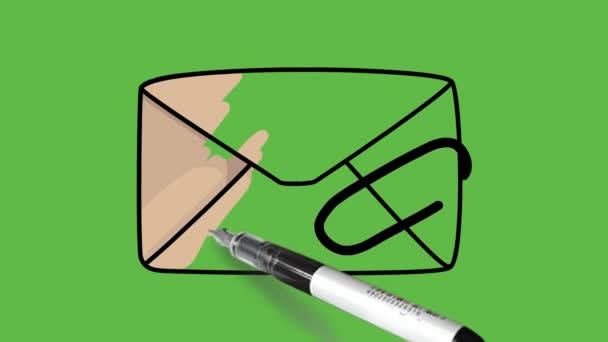 在抽象的绿色背景上绘制带有附件的褐色电子邮件符号 — 图库视频影像