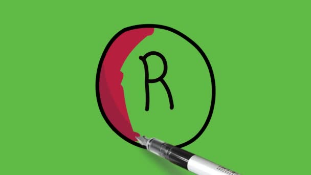 抽象的な緑の背景に赤丸で黒ペンと黒の輪郭を持つアルファベットRを描く — ストック動画