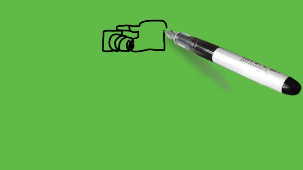 Disegno Fotocamera Con Treppiede Combinazione Colori Nero Grigio Sfondo Verde — Video Stock