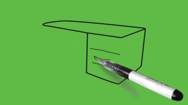 Bir kenar çekmeceli kahverengi renkli tablo ve soyut yeşil arkaplan üzerine siyah çizim