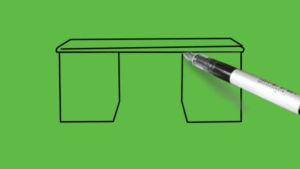 Drawing Grey Colour Office Table Black Outline Abstract Green Background — Stock Video