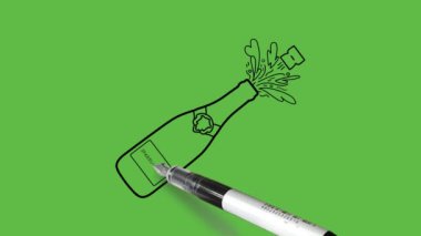 Soyut yeşil arkaplanda siyah çizgili mavi renkli parlak bir şişe oluştur