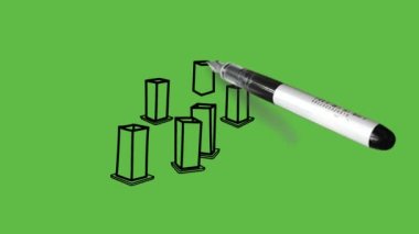 Soyut yeşil arkaplanda siyah çizgili mavi renkli üç boyutlu kutu çiziliyor