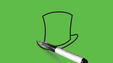 Yıldızlı sihirli başlık ve kırmızı, mavi ve beyaz şeritler çizerek soyut yeşil arkaplanda siyah çizgiler çiziyor.