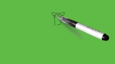 Kolsuz eskiz sihirbazı şerit pantolon ve şapka giyiyor. Kahverengi, kırmızı, mavi, beyaz ve gri renkli. Soyut yeşil arka planda siyah çizgili.