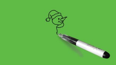 Kırmızı şapkalı, yeşil eşarplı, beyaz ve gri renkli, soyut yeşil arkaplanda siyah çizgili bir kardan adam.