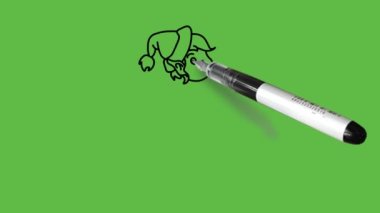 Taslak küçük kız mavi bir çantayla omuzunda taşır soyut yeşil arka planda siyah çizgili