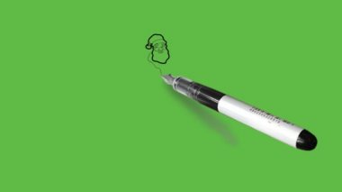 Sketch Noel Baba maddesi elinde kırmızı, beyaz ve gri renkli mavi bir çanta taşır. Üzerinde soyut yeşil arka planda siyah çizgiler vardır.
