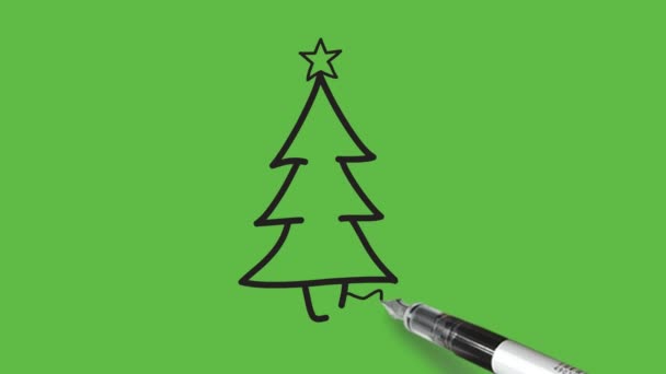 ギフト付きのカラフルなクリスマスツリーと 抽象的な緑の背景に黒の輪郭で灰色の色の黄色の星 — ストック動画