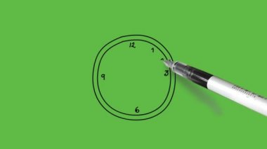 Pembe saat, kahverengi çerçeve ve soyut yeşil arka planda siyah çizgili sarı iğne.