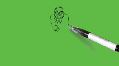 Soyut yeşil arka planda siyah çizgili gri elbiseli yaşlı adamın robot resmini çiz.