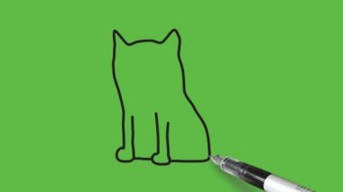 Sarı gözlü, pembe kulaklı ve soyut yeşil arka planda siyah çizgili gri bir kedi.