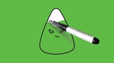 Üç renkli, pembe, beyaz ve sarı renkli, soyut yeşil arka planda siyah çizgili, üçgen şekilli hayvan yüzü çiz.