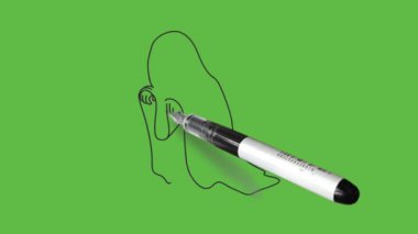 Gri battaniyenin altında, soyut yeşil arka planda siyah çizgili eskiz kadın.