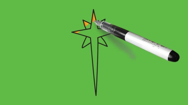 Sketch Shinning Star Yellow Colour Black Outline Abstract Green Background — Stock Video