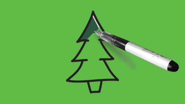 Schets Kerstboom Witte Groene Kleur Bruine Steel Met Zwarte Omtrek — Stockvideo