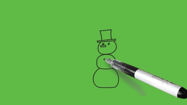 素描雪人 手上拿着灰色的帽子和棕色的长方形板 黑色的轮廓和抽象的绿色背景 — 图库视频影像