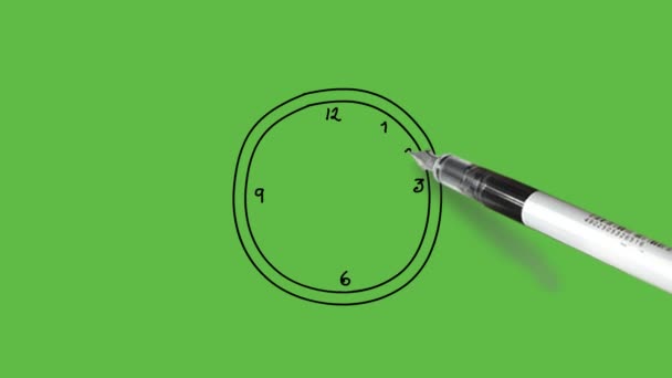ピンクの時計 茶色のフレームと抽象的な緑の背景に黒の輪郭と黄色の針でスケッチ時間3時 — ストック動画