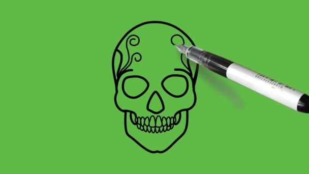 Sketch Human Skull Art Blue Colour Black Outline Abstract Green — Stock Video