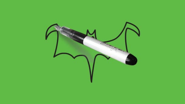 Sketch Flying Grey Bat Black Outline Abstract Green Background — Stock Video