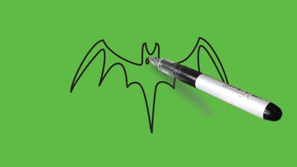 Sketch High Flying Grey Bat Black Outline Abstract Green Background — Stock Video