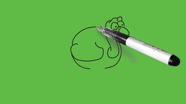 Σκίτσο Λυπημένη Στρουθοκάμηλος Μαύρο Στυλό Αφηρημένο Πράσινο Φόντο — Αρχείο Βίντεο