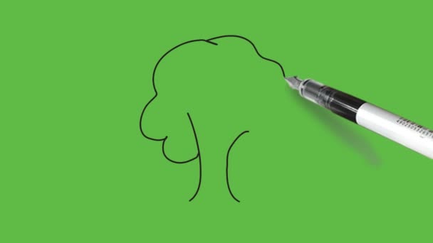 緑の抽象的な背景に茶色の茎と黒の輪郭を持つ巨大な緑の木を描く — ストック動画