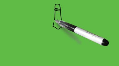 Soyut yeşil arka planda pembe sıvı ve siyah dış hatlarla dolu gri bardakla kahverengi renk şişesi çiziliyor