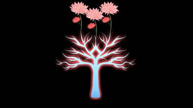 Siyah ekran arkaplanda küçük kırmızı çiçeklerle süslü pembe çiçek seti çiz