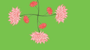 Yeşil ekran arka planında küçük kırmızı çiçekli pembe çiçek seti çiz