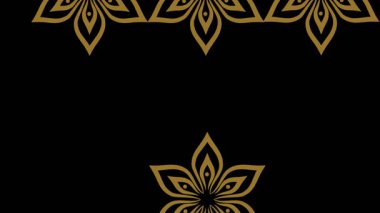 Birkaç sarı mor çiçek seti siyah ekran arka planında dikdörtgen şeklinde altın çerçeveyle çevreleyen yeşil yaprakla süslenir.