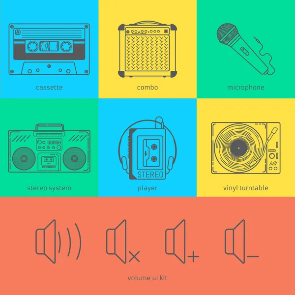 Icônes de ligne plate ensemble de technique audio 90 's — Image vectorielle