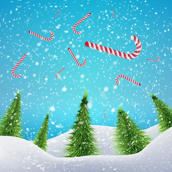 Christmas Forest with falling xmas candy canes — Stock Vector