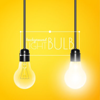 Two hanging light bulbs: glowing and turned off on a yellow background with copy space. Vector illustration for your design.
