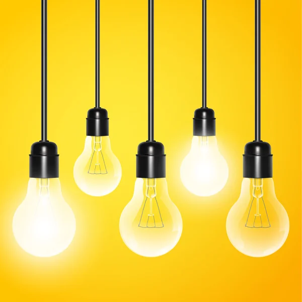 Hanging light bulbs with a few glowing on yellow background. Vector illustration for your design. — Stock Vector