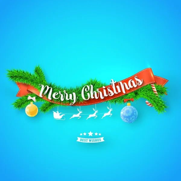 Merry Christmas greeting card with red ribbonm, xmas tree and snow on blue background. Vector illustration. — Stock Vector