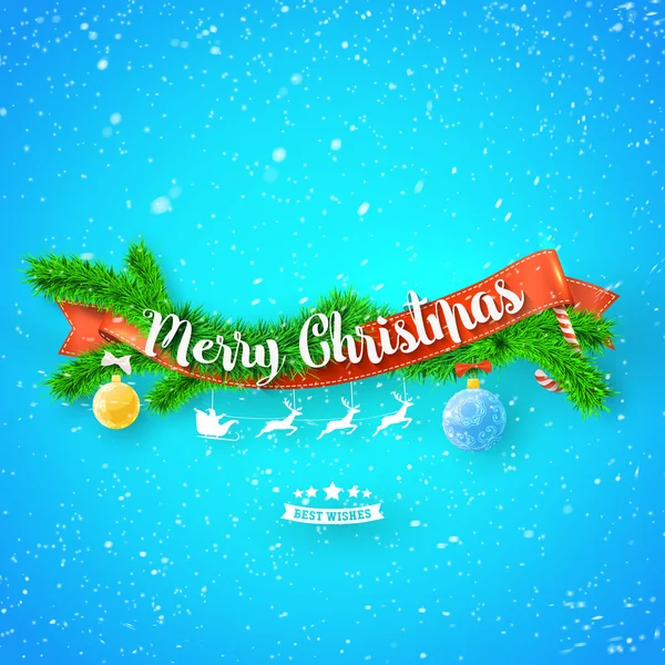 Merry Christmas greeting card with red ribbonm, xmas tree and snow on blue background. Vector illustration. — Stock Vector