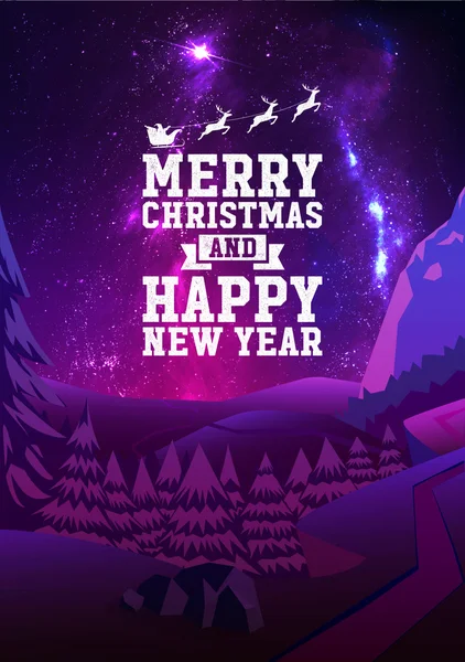 С Рождеством и Новым годом открытки с блестящими звездами в красивом ночном небе, елки леса. Векторная миграция . — стоковый вектор
