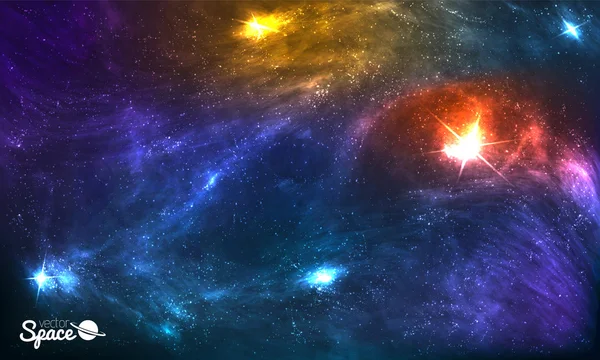 Farbenfroher kosmischer Hintergrund mit leuchtenden Sternen, Sternenstaub und Nebel. Vektorillustration für Kunstwerke, Parteiflyer, Plakate, Broschüren. Stockvektor