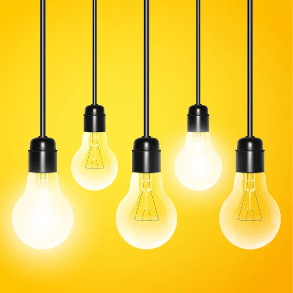 Hanging light bulbs with a few glowing on yellow background. Vector illustration for your design. Stok Vektör