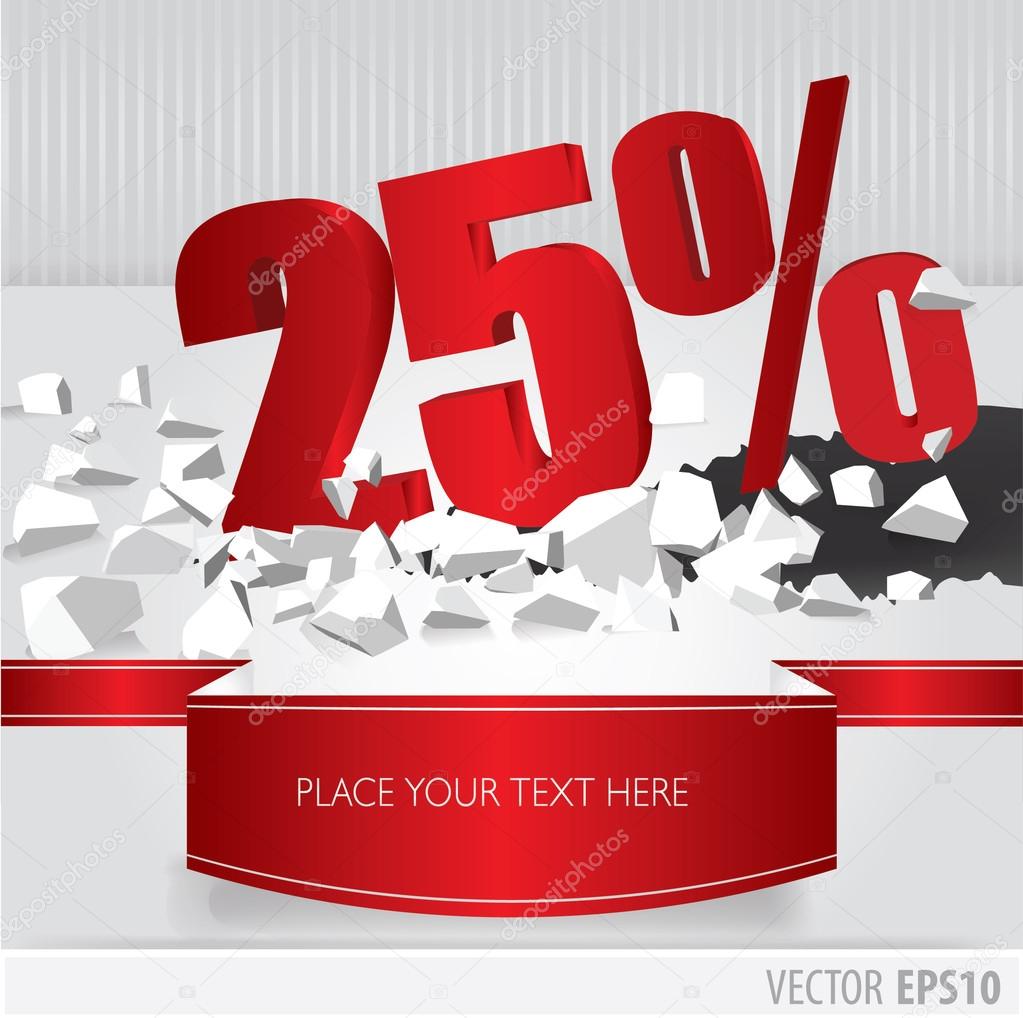 Red 25 percent discount on vector cracked ground on white backgr