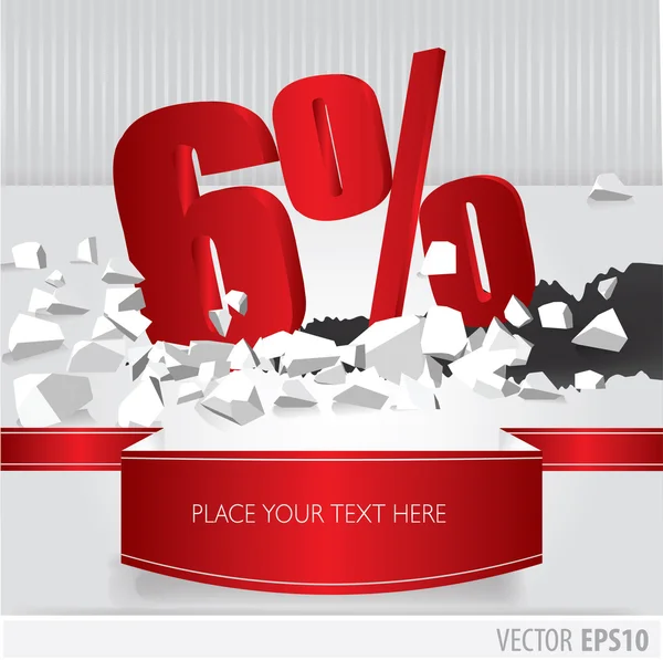 Rouge 6 pour cent de réduction sur le vecteur fissuré terrain sur fond blanc — Image vectorielle