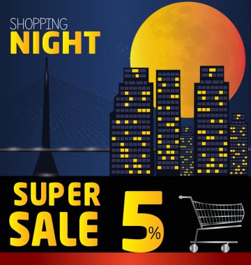 Gece alışveriş, yüzde 5 indirim. Gece vektör şehir. ve